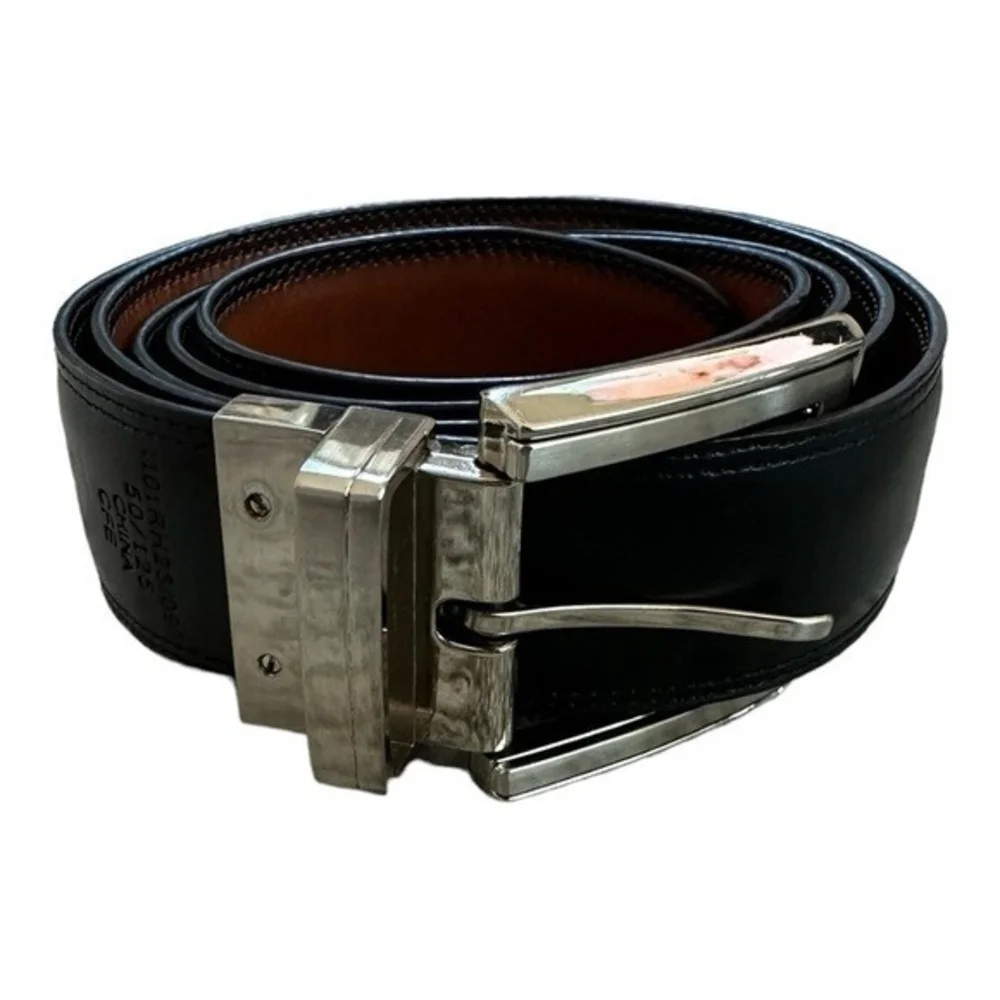 Mens Black Genuine Leather Silver Buckle Dress Belt Sz 50 Waist Excellent